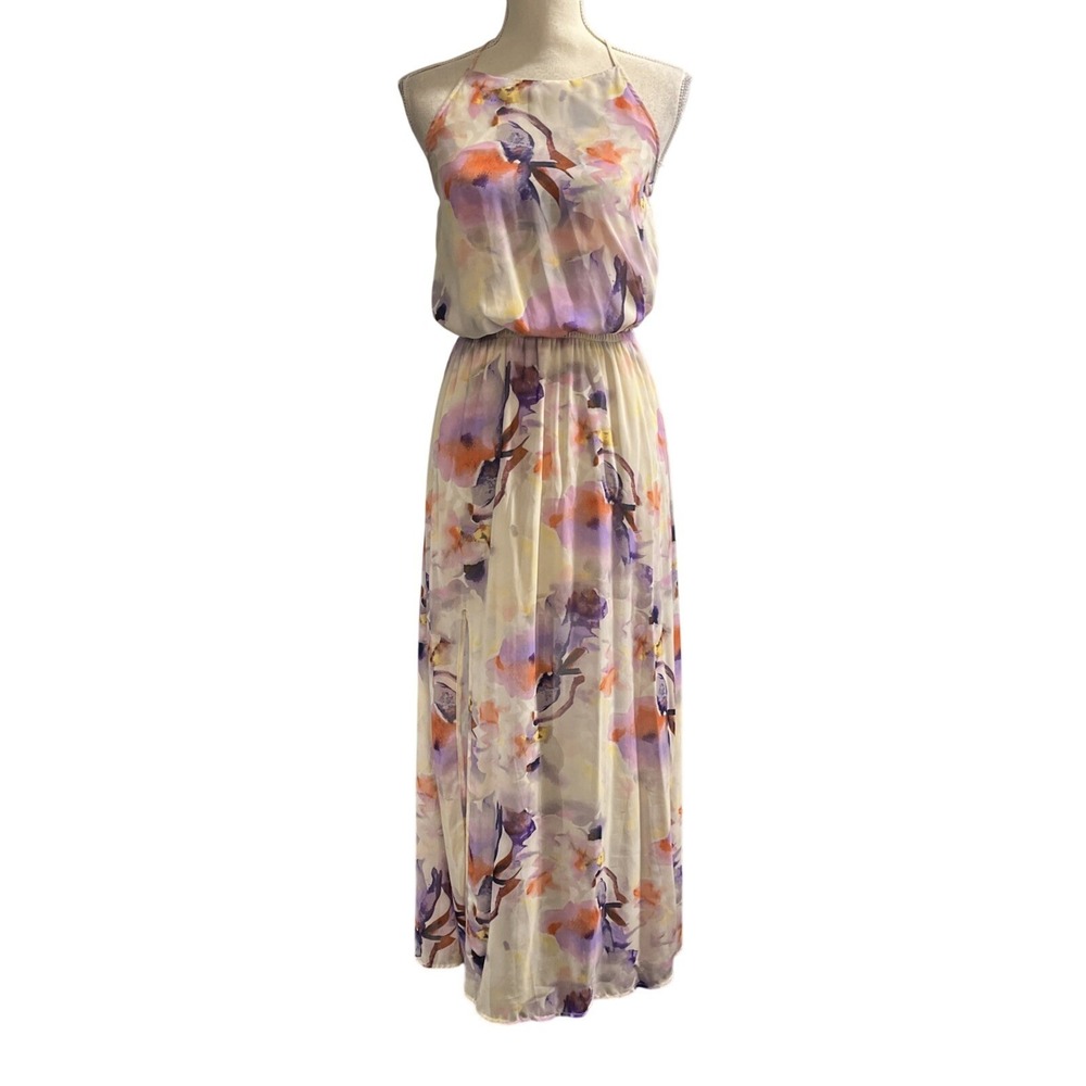 Show Me Your Mumu Dress Purple Floral Sheer Chiffon Maxi Size S Wedding Guest